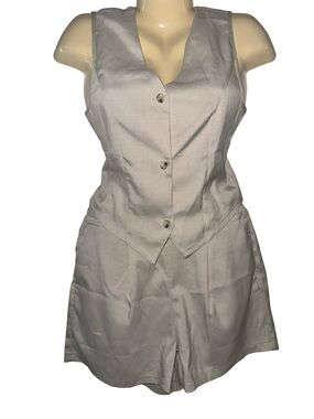 Sleeveless Button Vest & Shorts Set in Tan